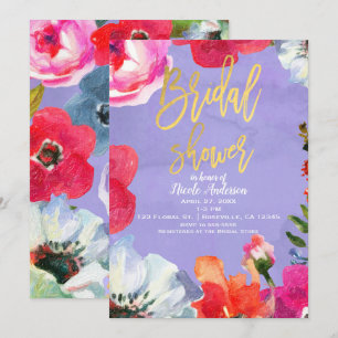 Invitation Peinture Florale Bold Violet Pop Or Fête de Mariag