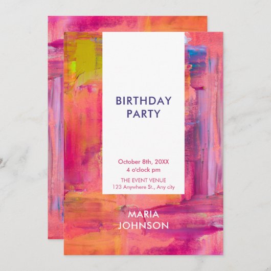 Invitation Peinture rose violet abstrait  (Devant / Derrière)