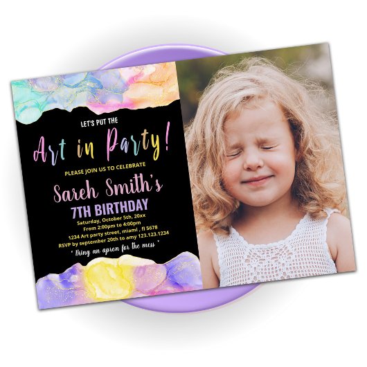 Invitation Peinture violet noir Anniversaire avec photo