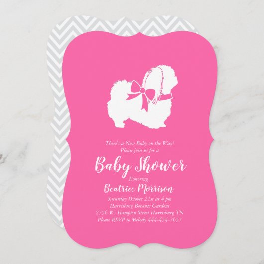 Invitation Pekingese Chien Baby shower fille rose (Devant / Derrière)