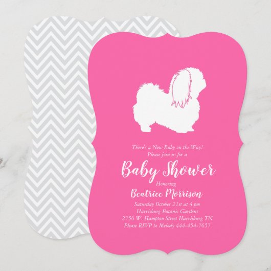 Invitation Pekingese Chien Baby shower fille rose (Devant / Derrière)