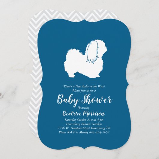 Invitation Pekingese Chien Baby shower Garçon bleu (Devant / Derrière)