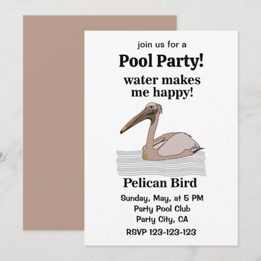 Invitation Pelican Bird Beach Pool Party (Devant / Derrière)