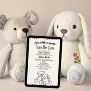 Invitation Peluches Ours & Lapin pour Jumeaux Baby Shower