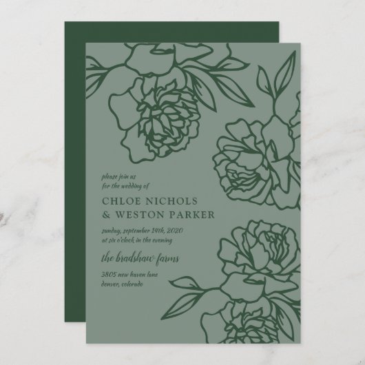 Invitation Pencilé Peonies Moderne Mariage vert émeraude (Devant / Derrière)