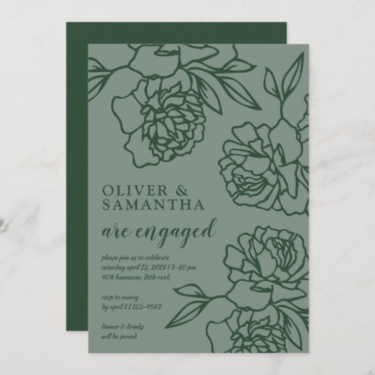 Invitation Penciled Peonies Émeraude Green Engagement Party (Devant / Derrière)