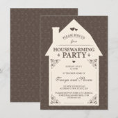 Invitation Pendaison de crémaillère brune élégante de maison (Devant / Derrière)