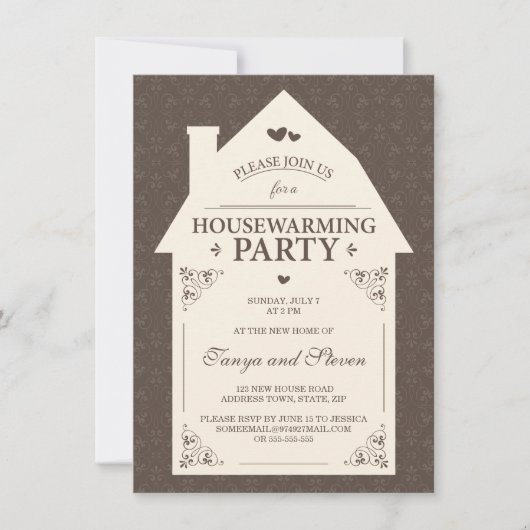 Invitation Pendaison de crémaillère brune élégante de maison (Devant)