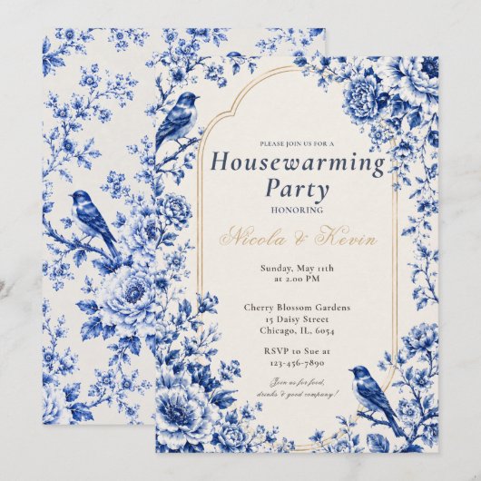 Invitation Pendaison de crémaillère de style chinois bleu (Devant / Derrière)