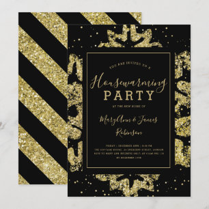 Invitation Pendaison de crémaillère   Hiver Paillettes Or & N