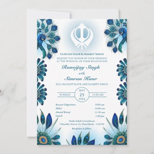 Invitation Pendjabi Sikh Mariage Anand Karaj Peacock (Devant)