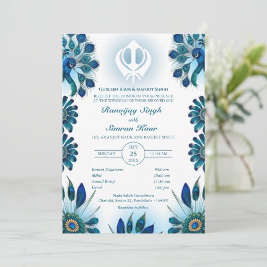 Invitation Pendjabi Sikh Mariage Anand Karaj Peacock (Debout devant)