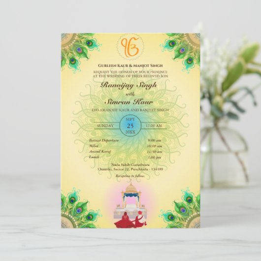 Invitation Pendjabi Sikh Mariage Anand Karaj Peacock (Debout devant)
