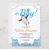 Invitation Penguin Boy Blue Baloon Cloud Sky Baby Shower (Devant)