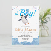 Invitation Penguin Boy Blue Baloon Cloud Sky Baby Shower (Debout devant)