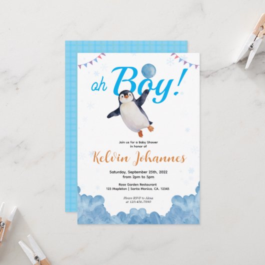 Invitation Penguin Boy Blue Baloon Cloud Sky Baby Shower (Devant/Arrière en situation)