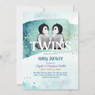 Invitation Penguin Twin hiver thème bébé garçon douche