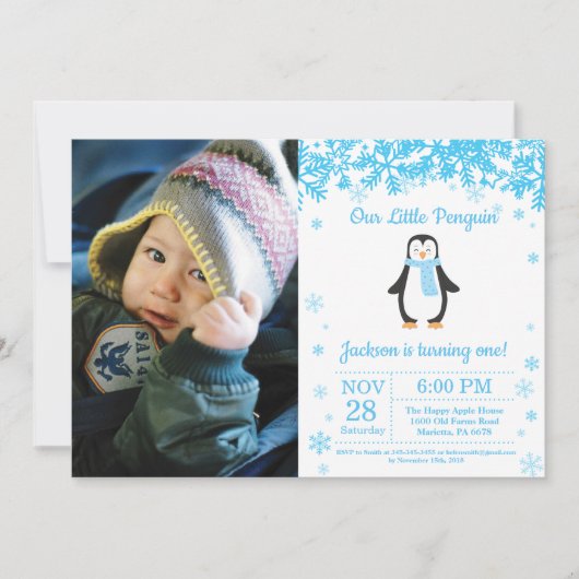 Invitation Penguin Winter Boy Photo Anniversaire (Devant)