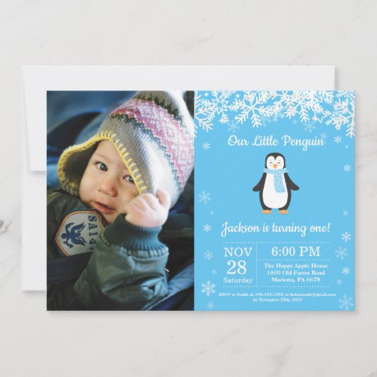 Invitation Penguin Winter Boy Photo Anniversaire (Devant)