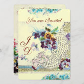 Invitation Pensées de mariage Floral Bleu Rose Blanc ROMANTIC (Devant / Derrière)