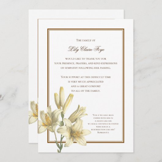 Invitation Pensez au fait que Lilies Bereavement Merci Note (Devant / Derrière)