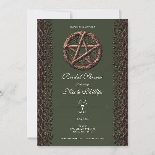 Invitation Pentacle de brindille de bois vert olive Mariage W (Devant)