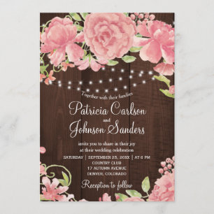 Invitation Peoné rose rousse rustique et lumières sur bois de