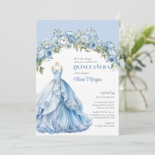 Invitation Peonées à fleurs bleues pastel Formal Gown Quincea (Debout devant)