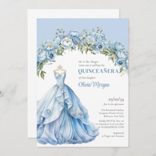 Invitation Peonées à fleurs bleues pastel Formal Gown Quincea (Devant / Derrière)