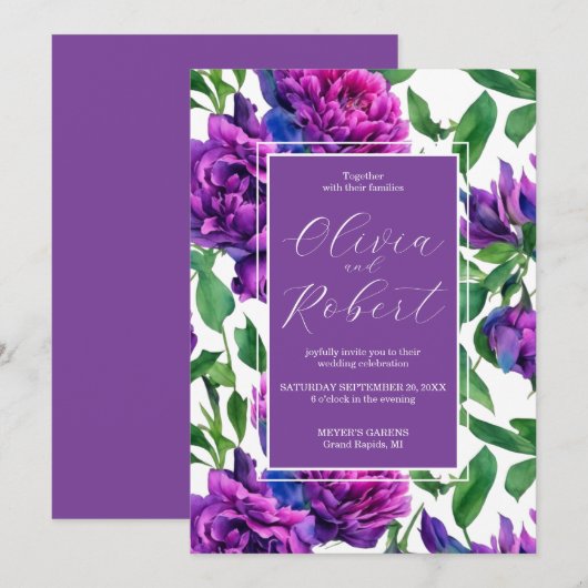 Invitation Peonées d'aquarelle romantique violet magenta rose (Devant / Derrière)