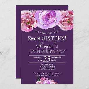 Invitation Peonées rose prune violet chic sweet sixteen flora