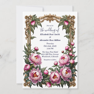 Invitation Peonées roses avec beau mariage cadre d'art