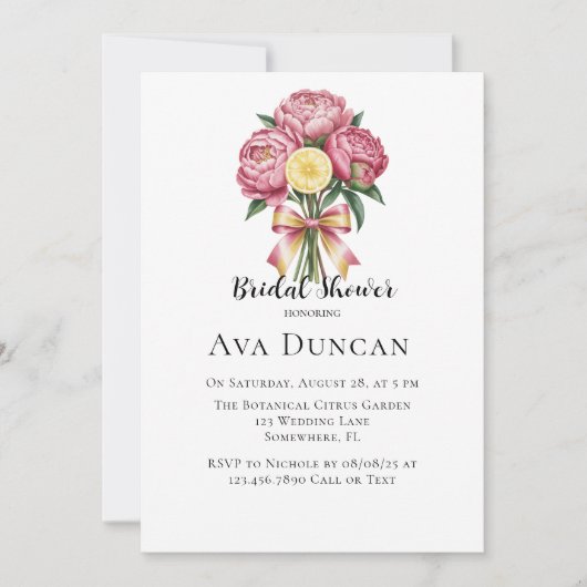 Invitation Peonées roses et Fête des mariées citron (Devant)