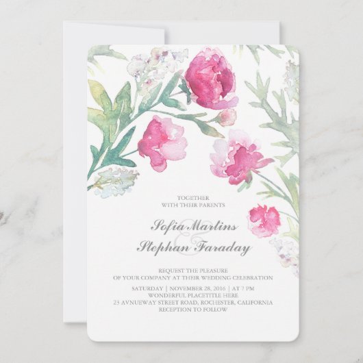 Invitation Peonies Aquarelle Vintage Bouquet Mariage (Devant)