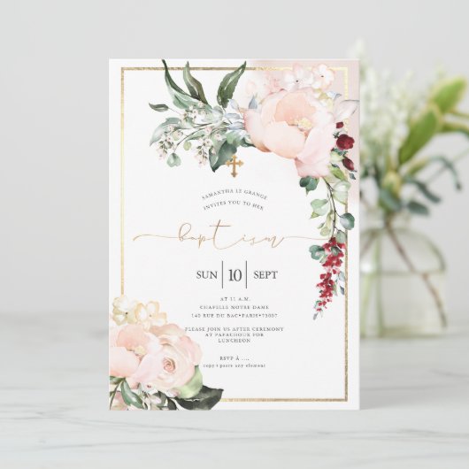 Invitation Peonies blanches Aquarelle Fleurs Baptême (Debout devant)