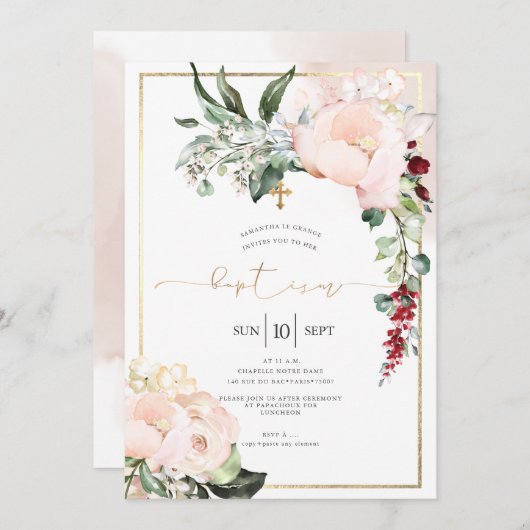 Invitation Peonies blanches Aquarelle Fleurs Baptême (Devant / Derrière)