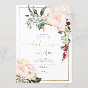 Invitation Peonies blanches Aquarelle Fleurs Baptême