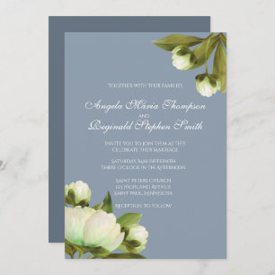 Invitation Peonies blanches avec bleu Dusty