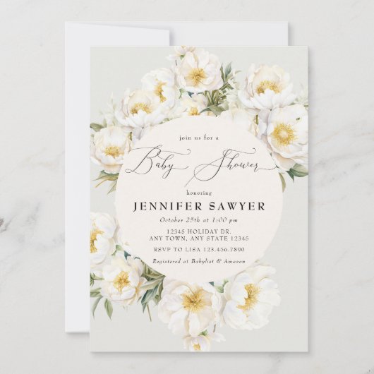 Invitation Peonies blanches | Baby shower photo (Devant)