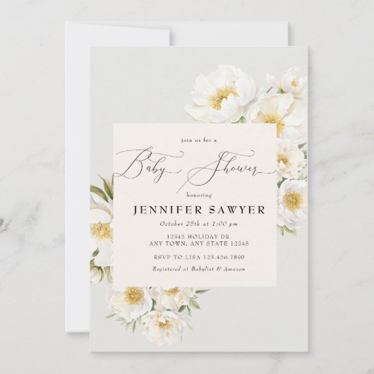 Invitation Peonies blanches | Baby shower photo (Devant)