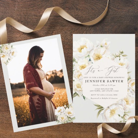 Invitation Peonies blanches | Baby shower photo