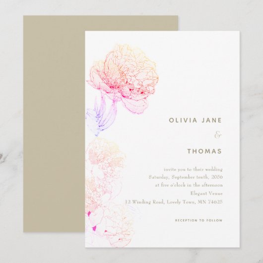 Invitation Peonies Blush Gold Elegant Mariage de croquis flor (Devant / Derrière)