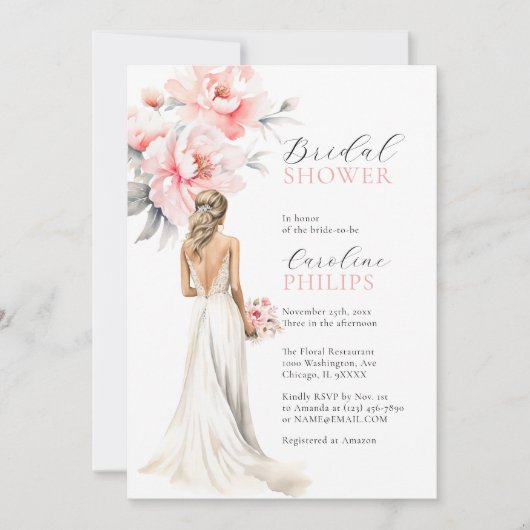 Invitation Peonies Blush Rose Bride robe FÊTE DES MARIÉES (Devant)