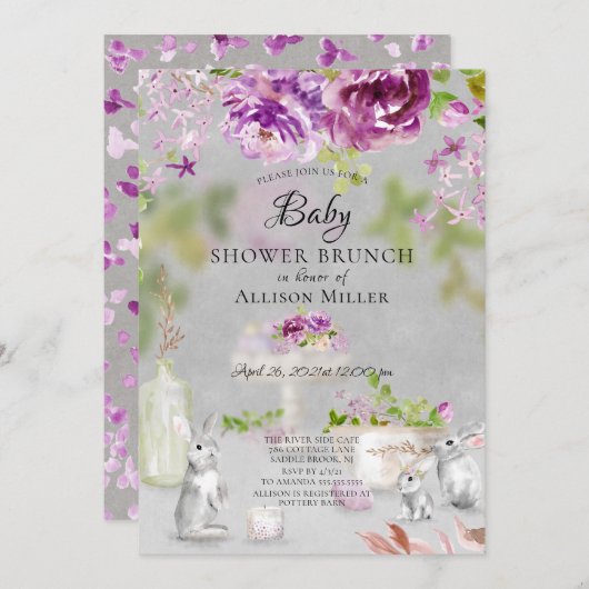 Invitation Peonies & Bunny Baby shower Brunch (Devant / Derrière)