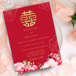 Invitation Peonies chinois Mariage asiatique double bonheur