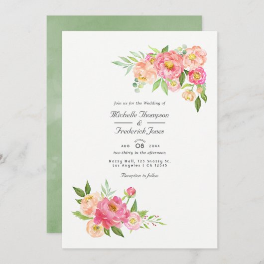 Invitation Peonies d'aquarelle de printemps QR Code RSVP Mari (Devant / Derrière)
