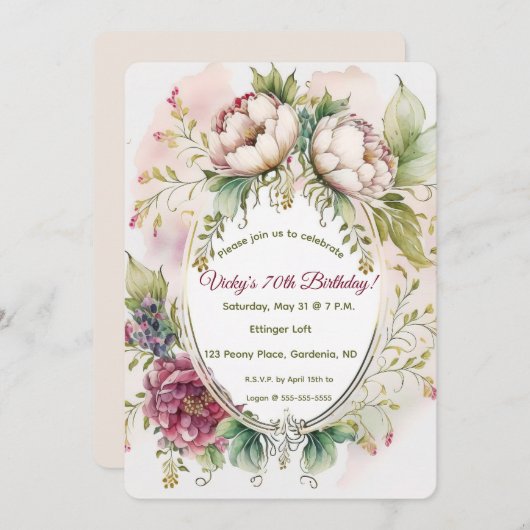 Invitation Peonies d'aquarelle modifiables (Devant / Derrière)