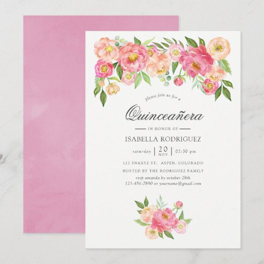 Invitation Peonies d'aquarelle rose pastel Quinceañera (Devant / Derrière)