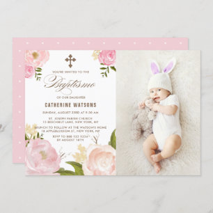 Invitation Peonies d'aquarelle rose Photo Baptismo