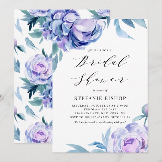 Invitation Peonies d'aquarelle violet Fête des mariées floral (Devant / Derrière)